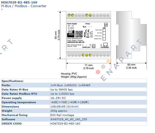 HD67029-B2-485-160 Gateway M-Bus / Modbus RS485 (up to 160 slaves)